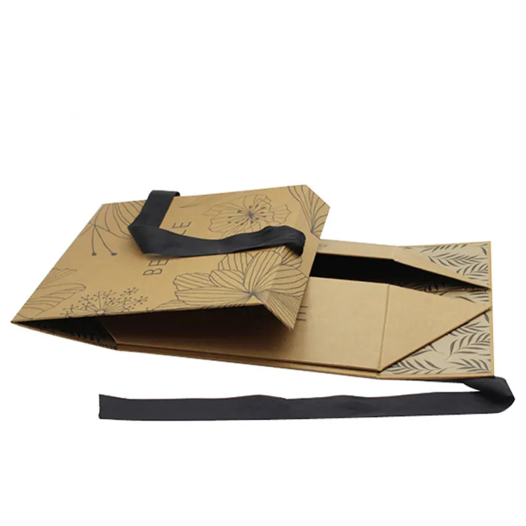 collapsible kraft paper gift box with ribbon tie