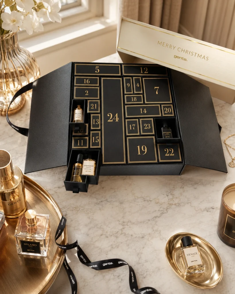 Open luxury advent calendar packaging showing individual compartments for beauty and gift products